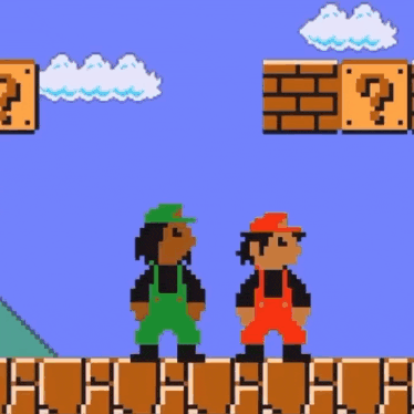 a pixel art of mario sitting on a green pipe in front of a mountain