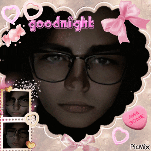 a picture of a woman wearing glasses with the words goodnight above her