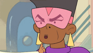 a cartoon character wearing a pink mask and earrings looks angry