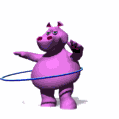 a pink hippo is playing with a blue hula hoop .