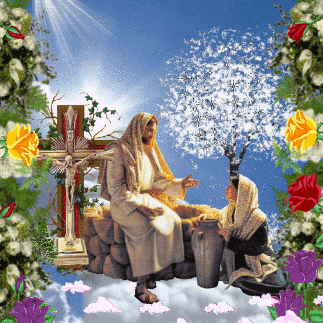 a painting of jesus and a woman in front of a cross