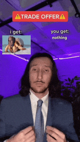 a man in a suit and tie is talking about a trade offer with a picture of a hermit crab