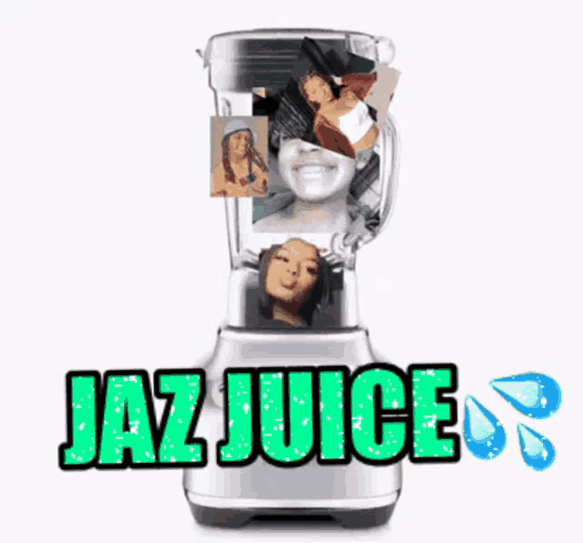 a blender with a picture of a woman in it and the words jaz juice