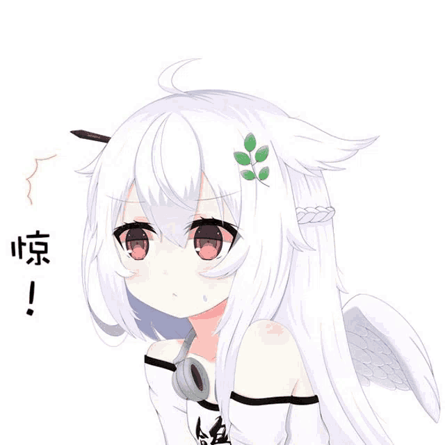 a girl with white hair and red eyes is wearing headphones and has a leaf in her hair