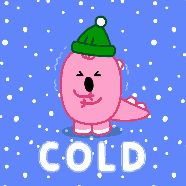 a pink cartoon character wearing a green hat and the word cold below it