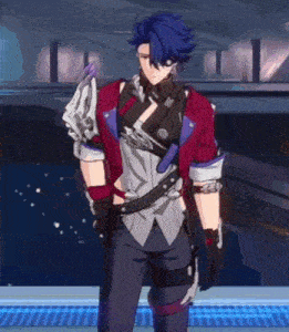 a man with blue hair and a red jacket is standing in a room holding a gun .