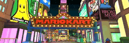 a mario kart sign is lit up in a cartoon city