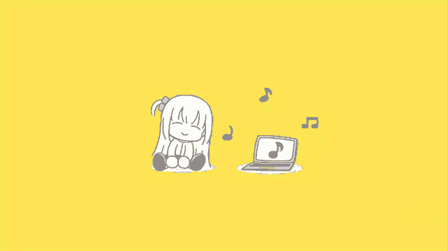 a drawing of a girl sitting next to a laptop with music notes coming out of it