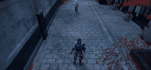 a video game character is holding a sword and shooting a blue light