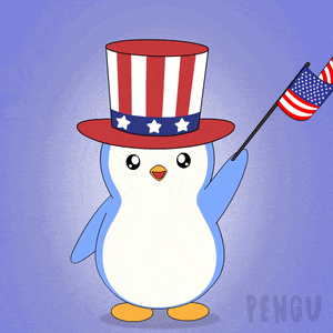 a penguin wearing an uncle sam top hat holds an american flag