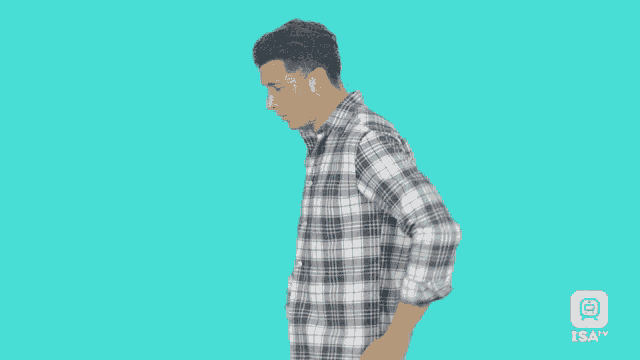 a man in a plaid shirt stands with his hands on his hips in front of a blue background that says isat tv