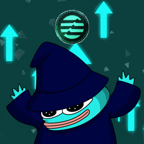 a cartoon character wearing a wizard hat stands in front of arrows pointing upwards