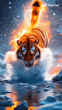 a tiger is flying through the air with flames coming out of its mouth .