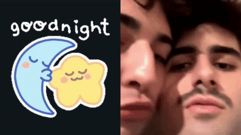 a sticker of a crescent moon kissing a star next to a man 's face says goodnight