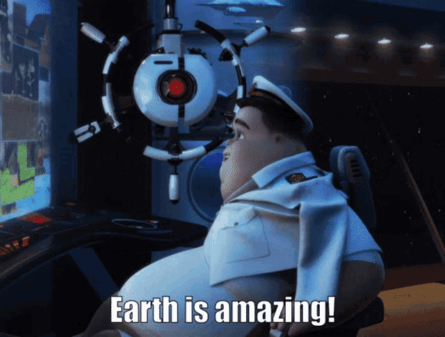 a cartoon character says earth is amazing while sitting in front of a monitor