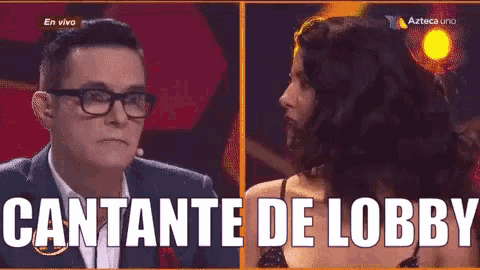 a man and a woman are standing next to each other with the words cantante de lobby written on the bottom
