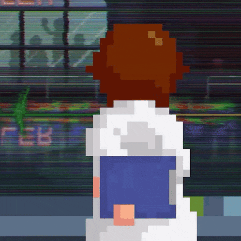 a pixel art drawing of a person looking out a window