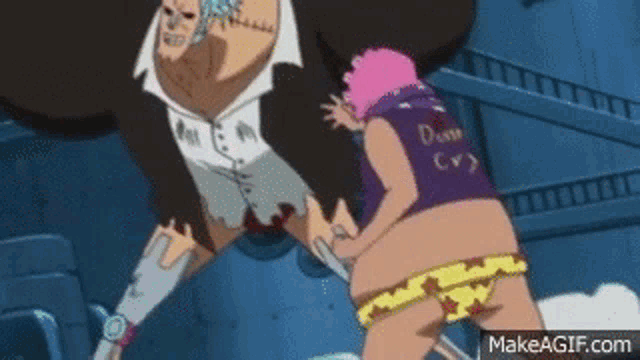a man and a woman are standing next to each other in a room in a cartoon .