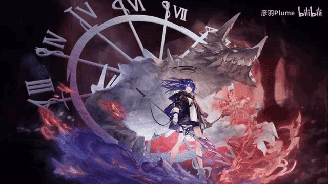 a girl with a sword stands in front of a clock with the numbers vii and vi on it