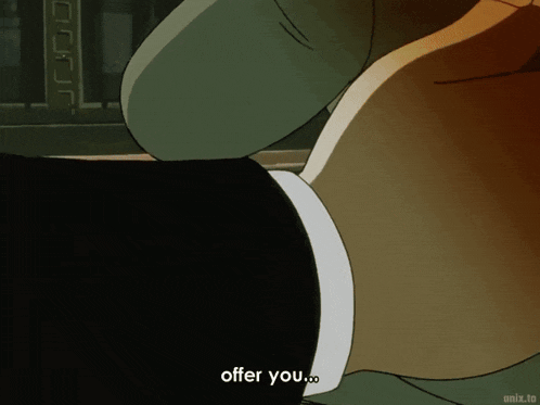 a man in a suit says " offer you " in an anime scene
