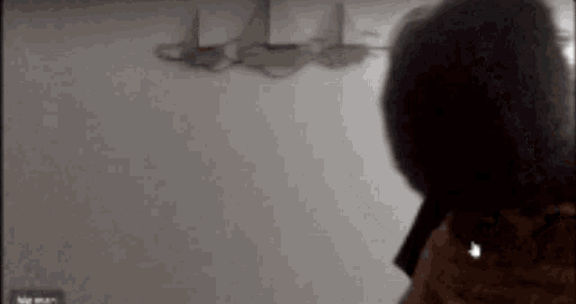 a person 's head is visible in a blurry photo while a ceiling fan is in the background .