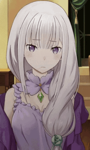 an anime girl with white hair and purple eyes