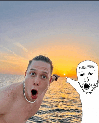 a shirtless man is pointing at the sun while a cartoon man looks on