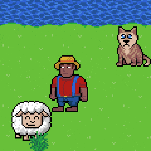 a pixel art of a dog sitting in the snow next to a bag that says wool