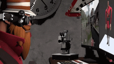 a man with a beard is looking at a microscope in front of a computer