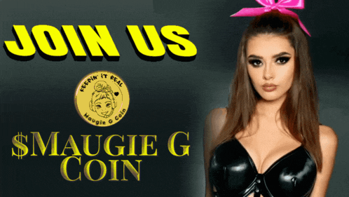 a woman in a black bra stands in front of a sign that says join us smaugie g coin