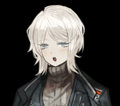 a girl with white hair is wearing a black jacket and sweater