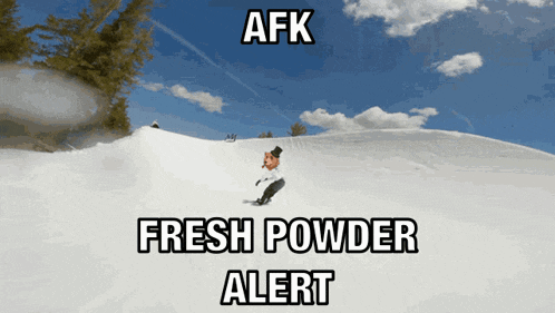 a snowboarder is going down a snowy hill and the words fresh powder alert are above him