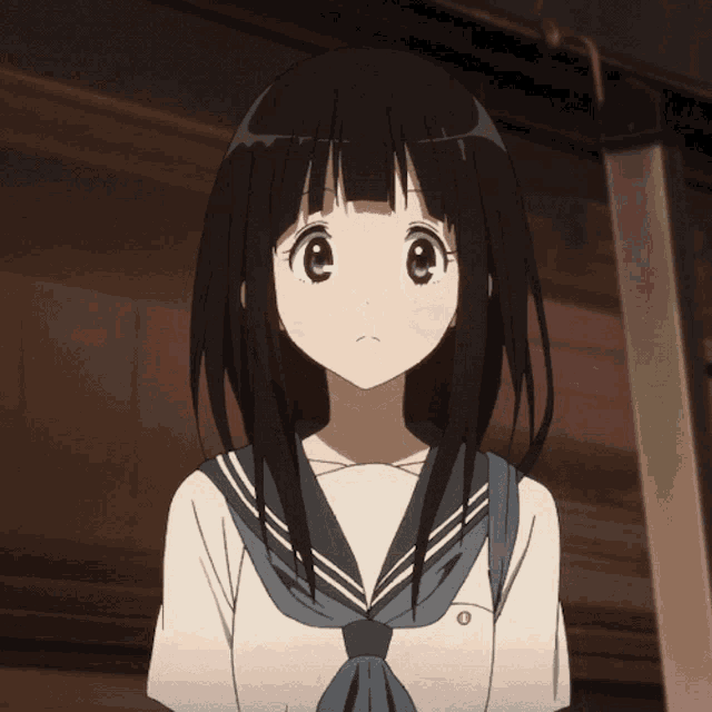 a girl with black hair and purple eyes is wearing a sailor uniform