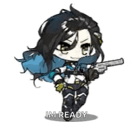 a chibi girl is holding a gun in her hand and saying `` im ready '' .