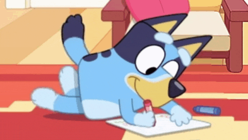 a cartoon dog is laying on the floor writing on a piece of paper with a marker .