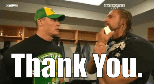two men are standing next to each other in a locker room and the words thank you are visible