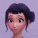 a close up of a cartoon character 's face with a bun on her head .