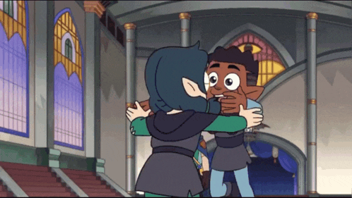 two cartoon characters hugging each other in front of a building