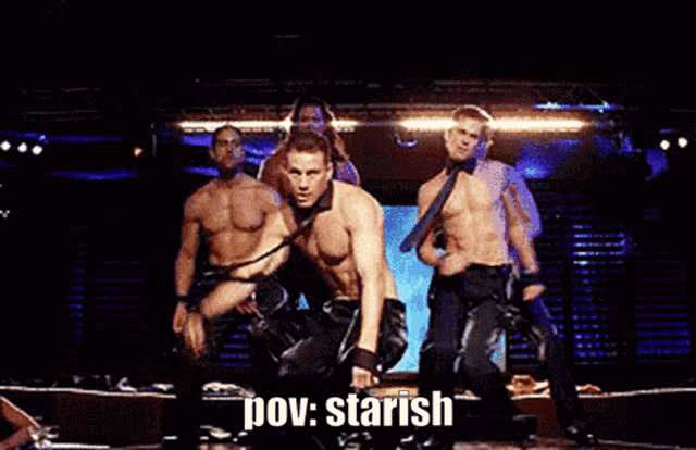 a group of men are dancing on a stage with the words pov starish written on the bottom