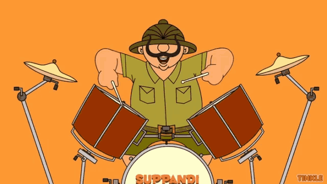 a cartoon of a man playing drums with the name suppendi on the drum set