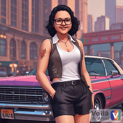 a woman standing in front of a pink car with a license plate that says louis