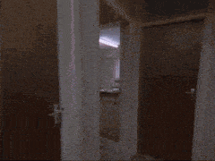 a man in a black jacket stands in a hallway