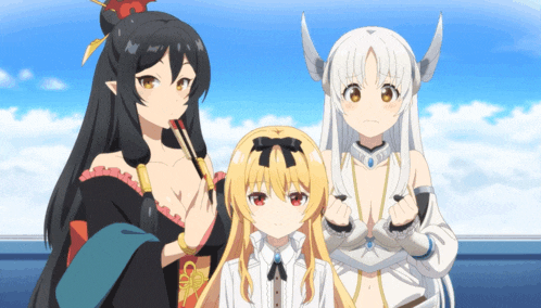 three anime characters standing next to each other with one holding chopsticks