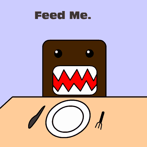 a cartoon of a shark with the words feed me written above it