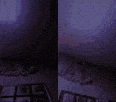 a painting of a room with a window and a light shining through it