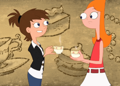 two cartoon characters are standing next to each other and one is holding a cup of coffee