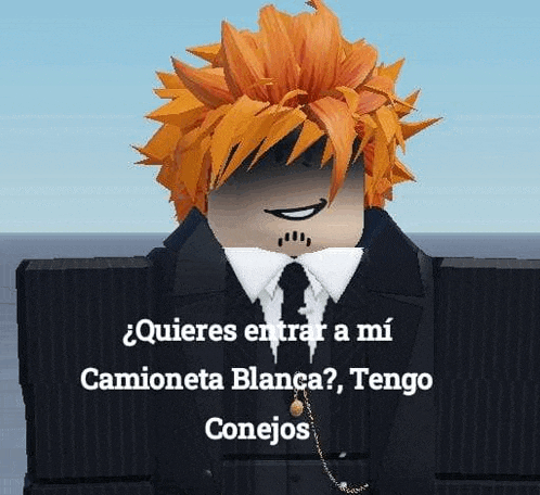 a roblox character with orange hair and a suit and tie .