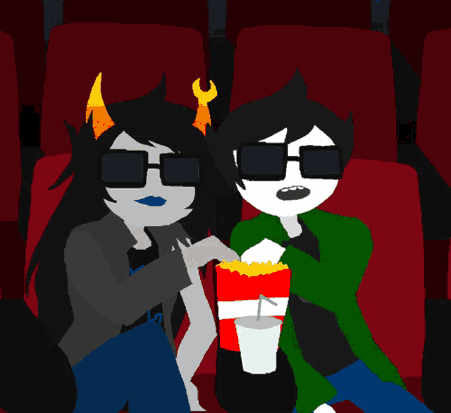 a couple of cartoon characters are sitting in a theater eating popcorn
