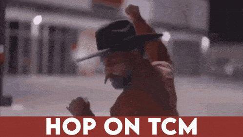 a man wearing a hat is jumping in the air with the words hop on tcm below him