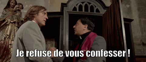 two men are standing in front of a door with the words je refuse de vous confesser